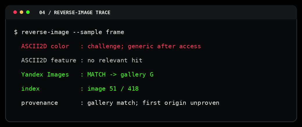 Redacted reverse-image trace: match recorded, first origin not proven.
